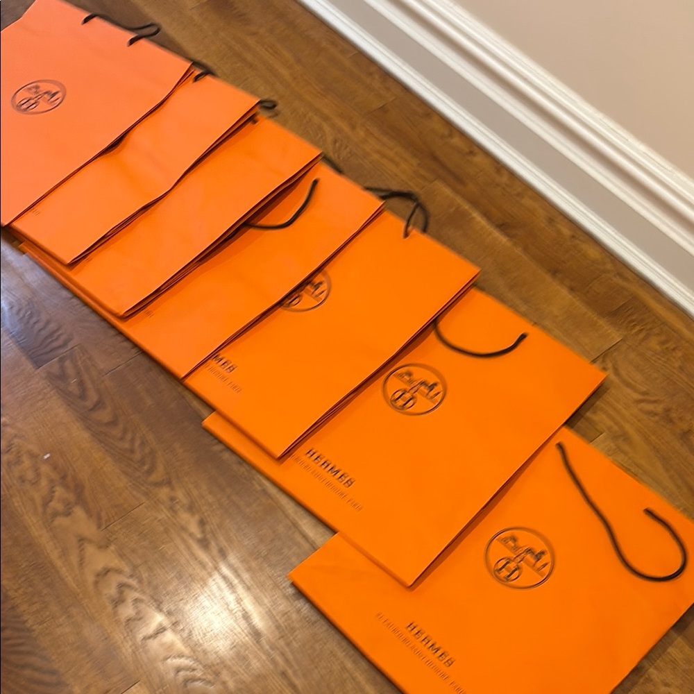 Hermes LOT 7 designer Orange Shopping Bag seven large bags